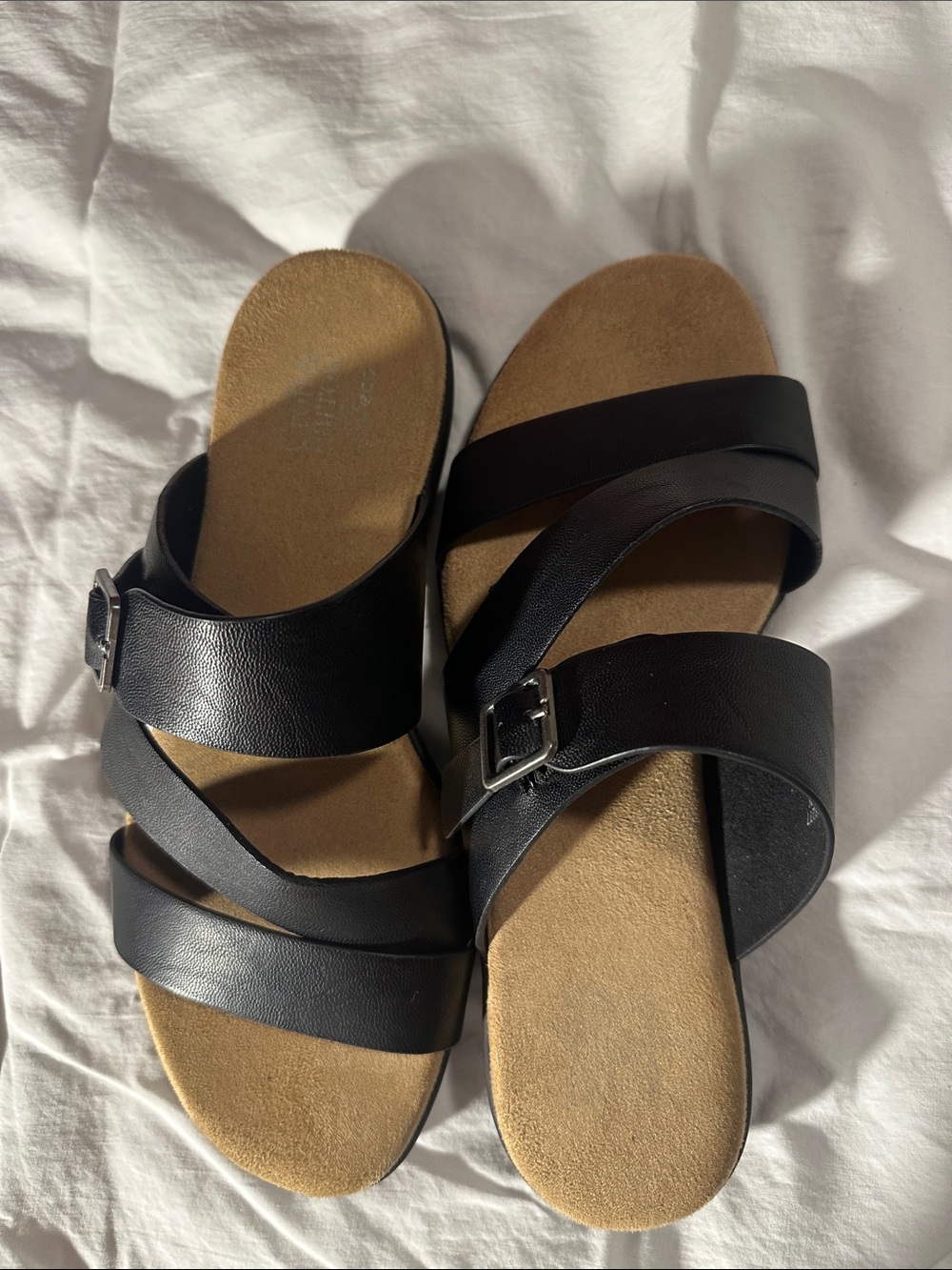 Clarks Black Dual-Strap Buckle Slide Sandals